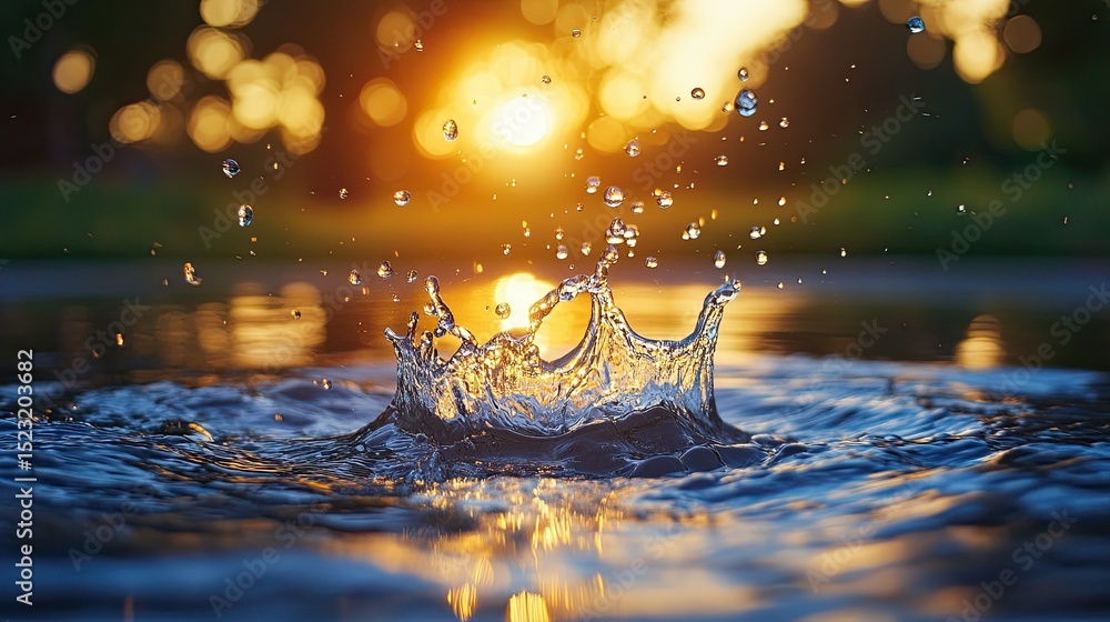 Poster water splash creating a crown shape with droplets and sunset bokeh background reflecting in water