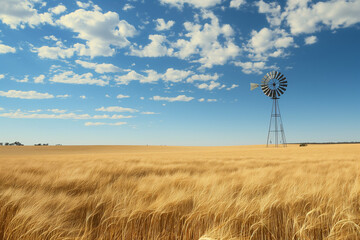 Golden wheat field with blue sky and windmill