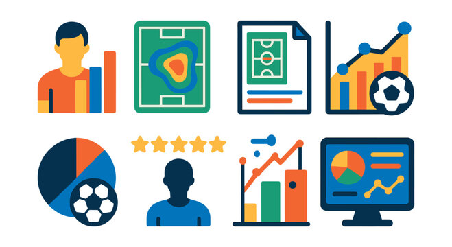 Flat vector icons of football analytics and statistics: player stats icon, heat map badge, match summary report, goal tracking chart, possession graph, player rating stars, tactical analysis,