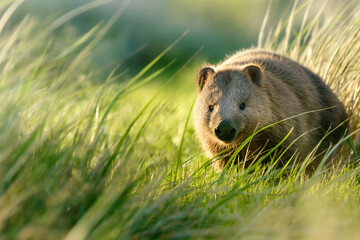 Wombat walking through tall grass in natural habitat