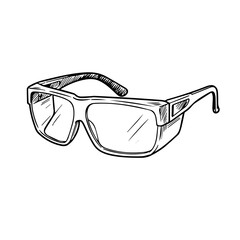 Safety glasses hand drawn illustration. Protective eyewear design for industrial use.  Detailed sketch of safety glasses suitable for laboratory research or fitness center.