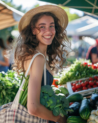 Eco-friendly young woman at outdoor market with reusable bags