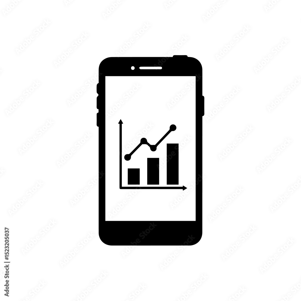 Poster smartphone screen displaying upward trending bar graph. mobile phone showing business growth chart. 