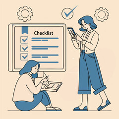 Teamwork planning and checklist women collaborate on project