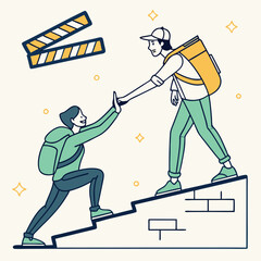 Teamwork support and progress people climbing stairs together