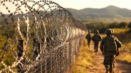 Soldiers patrolling border with barbed wire