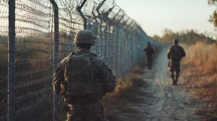 Soldiers patrolling border with barbed wire