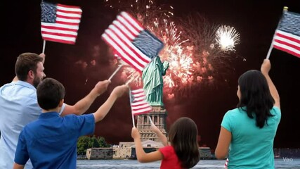 People waving american flags with statue of liberty and fireworks in background - Powered by Adobe