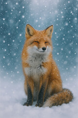 Naklejka premium Red fox sitting in snow.