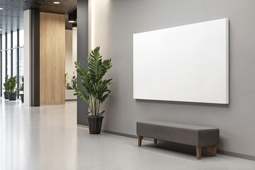 mockup. large, plain white canvas, artwork, mounted horizontally in landscape orientation on the wall of a modern office lobby with good lighting and potted plants