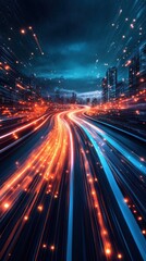 Fototapeta premium A digital road illuminated with blue light surrounded by abstract in a dark environment