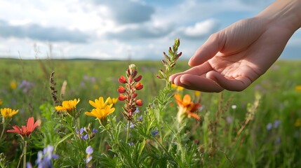 A close-up shot of a hand holding a delicate flower in a field of wildflowers
