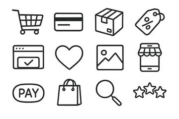 E-commerce icons set: cart, card, package, tag, browser, heart, image, storefront