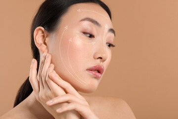 Beautiful woman with perfect skin after collagen treatment on light brown background, space for...