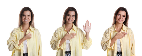 Woman showing different oath gestures on white background, collection of photos