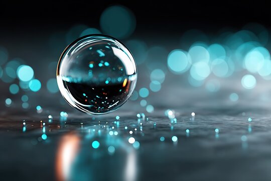 Hologram sphere floating above shimmering black surface with luminous blue bokeh effects
