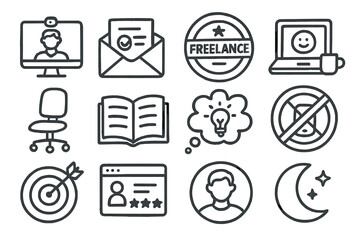 Freelance work icons: computer, email, ideas, and productivity symbols