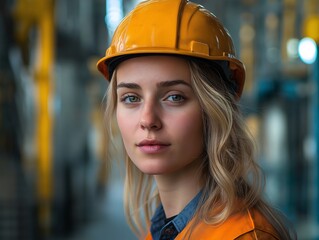 Female Construction Worker in Helmet Portrait. Professional and Confident Woman in Industrial Safety Gear Leading in Male-Dominated Engineering Workplace