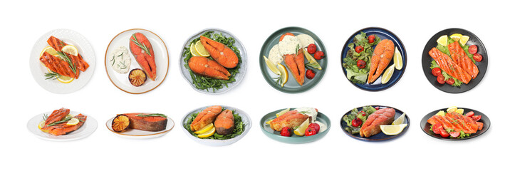 Sea food. Tasty dishes with salmon isolated on white, collage. Top and side view