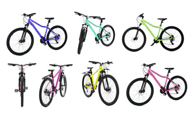 Different color bicycles on white background, collage