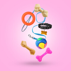 Different products for pets falling on pink gradient background