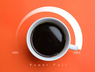 Coffee and power gauge scale on coral background, top view. Handle of cup pointing at maximum....