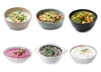 Cold soups in bowls isolated on white, set
