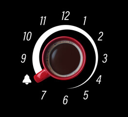 Coffee and clock face on black background. Handle of cup pointing at bell illustration instead of...