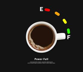 Coffee and power gauge scale on black background, top view. Handle of cup pointing at Full mark. Energizing property of caffeine