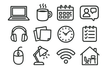 Home office essentials: laptop, coffee, planner, and more icons