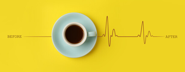 Cup of coffee and heartbeat line on yellow background, top view. Calm pulse becoming active. Invigorating properties of caffeine, healthcare
