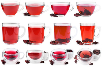 Hibiscus tea in glass cups and dried calyces isolated on white, set