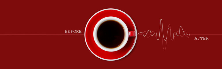 Cup of coffee and heartbeat line on red background, top view. Calm pulse becoming active....