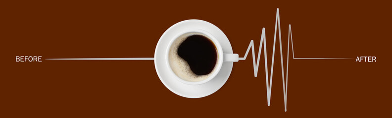 Cup of coffee and heartbeat line on brown background, top view. Calm pulse becoming active....