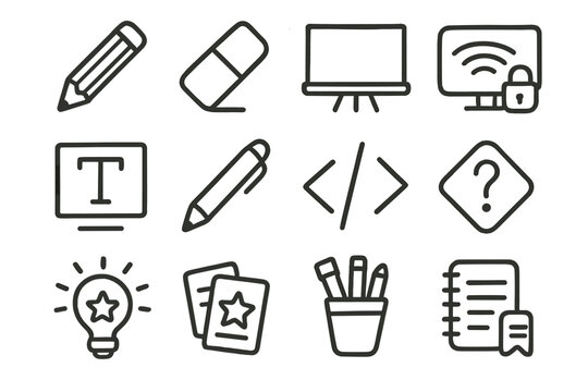 Digital icons for writing, editing, and coding on brown background