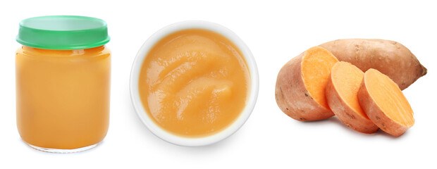 Baby food. Sweet potato puree and fresh vegetables on white background, collage