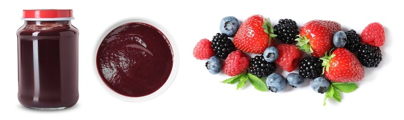 Baby food. Puree and fresh berries on white background, collage