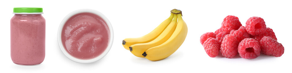 Baby food. Puree and fresh ingredients on white background, collage