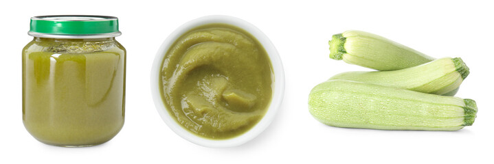 Baby food. Zucchini puree and fresh vegetables on white background, collage