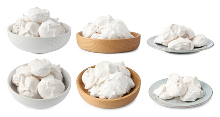 Yummy meringue cookies isolated on white, collage
