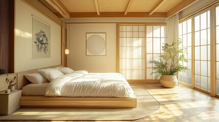 Bright bedroom with tatami mats, shoji screens, wooden bed frame, and minimalist decor in a japanese style