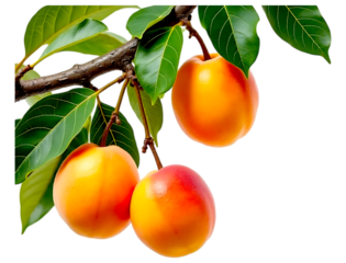Ripe apricots hanging on branch against black background
