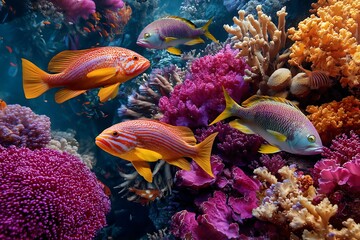 A vibrant coral reef scene with colorful fish swimming amidst the coral formations underwater view