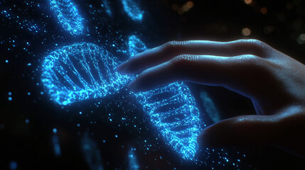 Exploring dna research hand touching glowing helix science genetics biotechnology medicine innovation