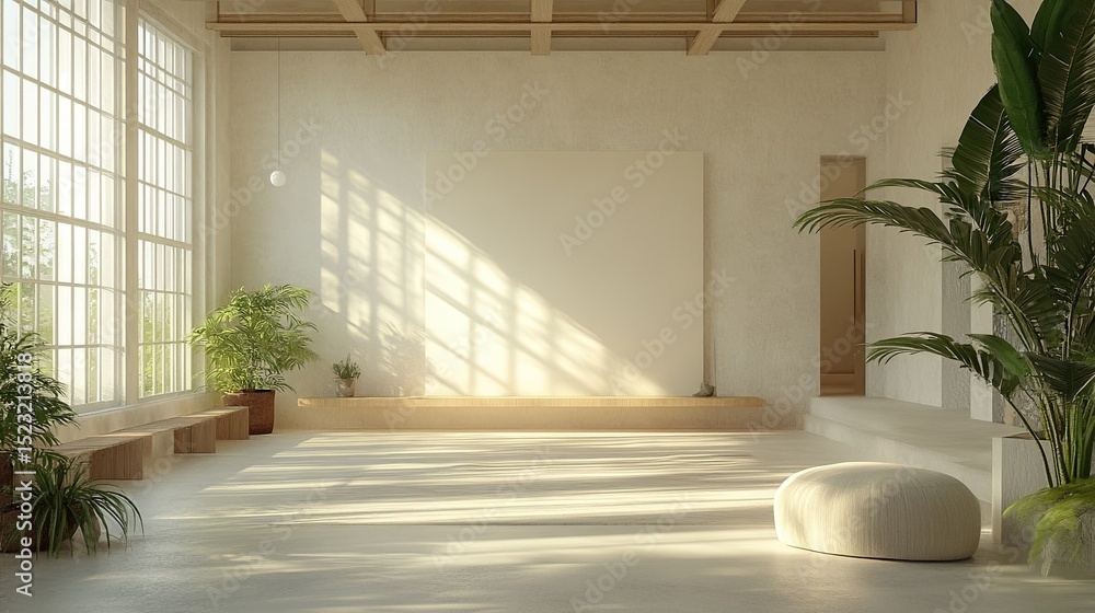 Poster bright and airy room with large windows and plants creating a serene and inviting atmosphere space