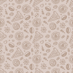 A pattern of breakfast items. Pizza, coffee, beans, sweets, dessert, chocolates. Linear background for menus, coffee shops, web design, bakeries and cafes.