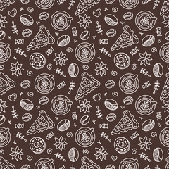 A pattern of breakfast items. Pizza, coffee, beans, sweets, dessert, chocolates. Linear background for menus, coffee shops, web design, bakeries and cafes.