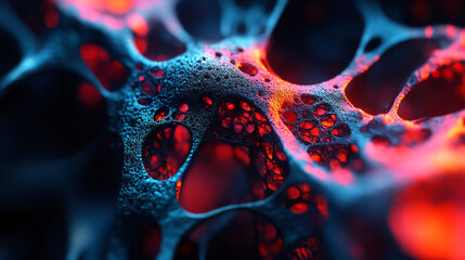 Abstract cellular structure background with glowing red and blue light for science and medical use