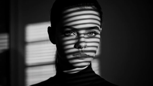 Intense black and white portrait of a young adult female with striking shadows from blinds