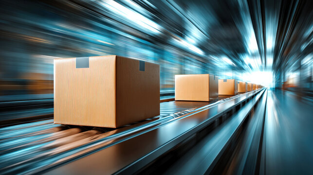 Row of cardboard boxes moves swiftly along conveyor belt in futuristic warehouse, with dynamic motion blur effect conveying speed and efficiency